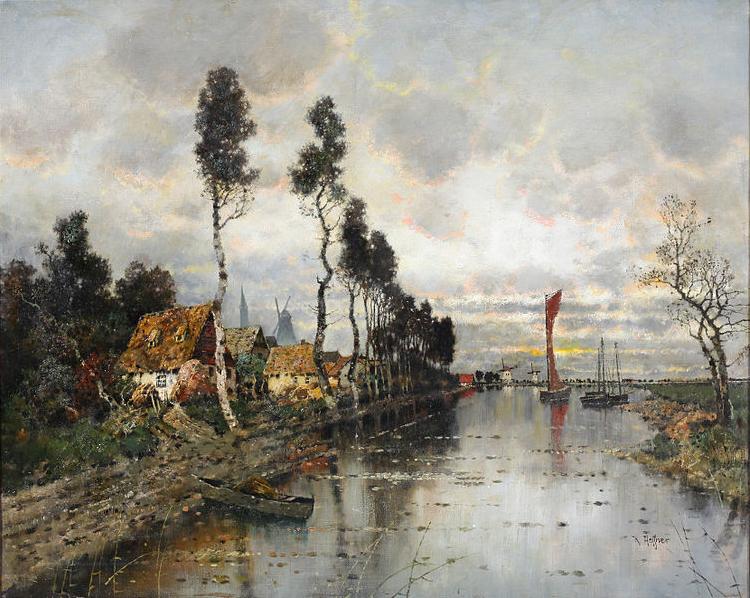 Karl Heffner Hollandische Flublandschaft wahrend eines Gewitters oil painting image